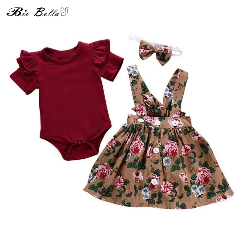 

Summer Girls Clothes Sets Children Clothing Ruffled Short Sleeve Bodysuits+Suspender Skirts+Headband 3pcs Floral Girl Suits