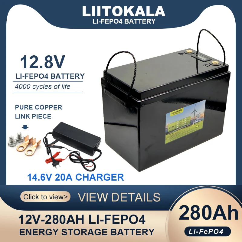 

Liitokala 12.8V 280Ah LiFePO4 Battery Pack With 12V 4S BMS For RV Campers Golf Cart Off-Road Solar Wind 14.6V Charger Tax Free