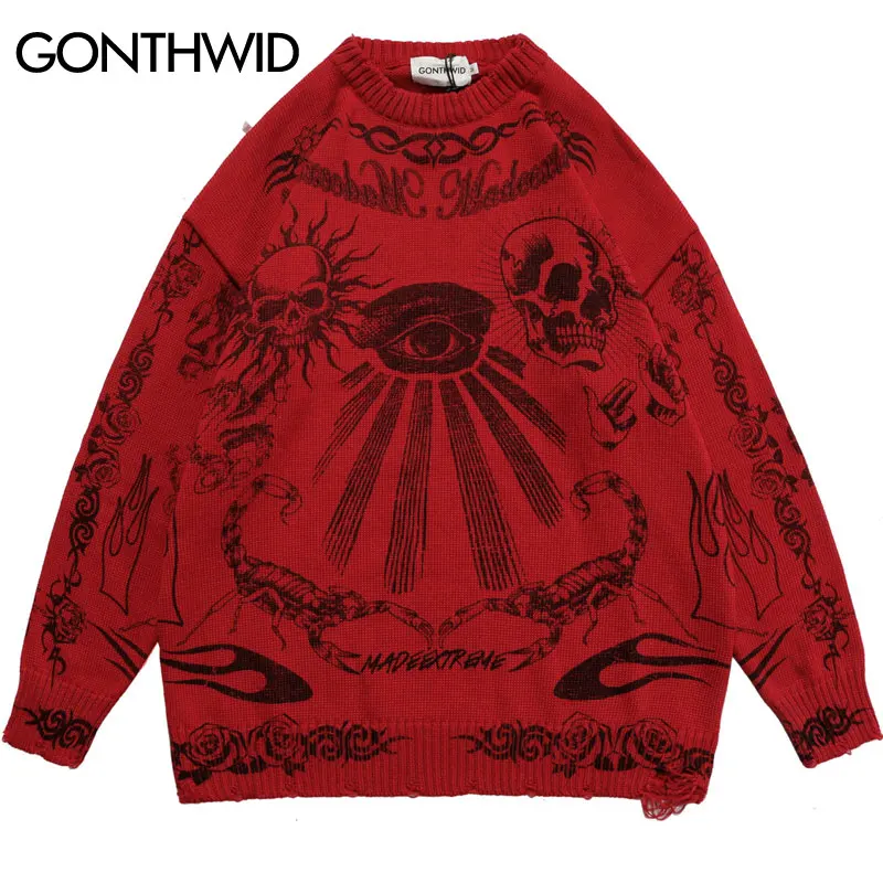 

Hip Hop Gothic Oversized Sweater Knitted Streetwear Vintage Skeleton Skull Rose Print Ripped Punk Pullover 2022 Harajuku Black