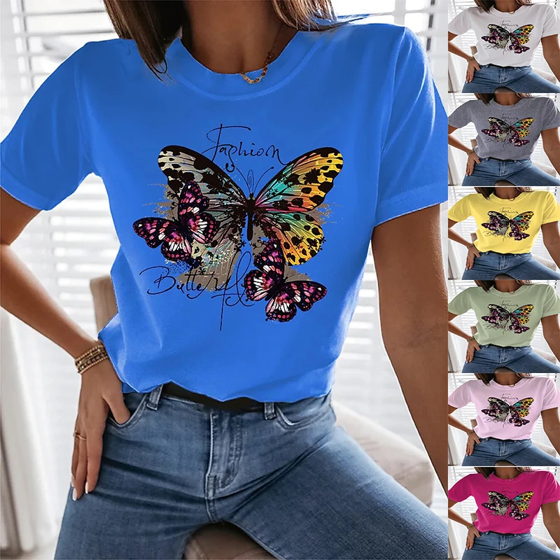 

2022 летняя элегантная женская футболка с 3D принтом бабочки, повседневная модная рубашка с коротким рукавом и круглым вырезом в стиле Харадзю...