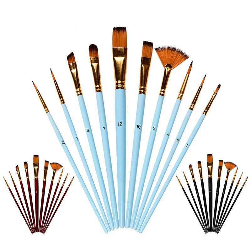 

10pcs Paint Brush Set Multiple styles Nylon Hair Short Rod Brown Painting Brush