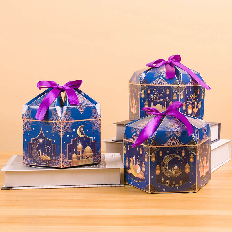 

12pcs Eid Mubarak Gift Box with purple ribbon Ramadan Decoration 2023 Paperboard Treat Candy Boxes Moon Castle Eid Al-fitr Bag