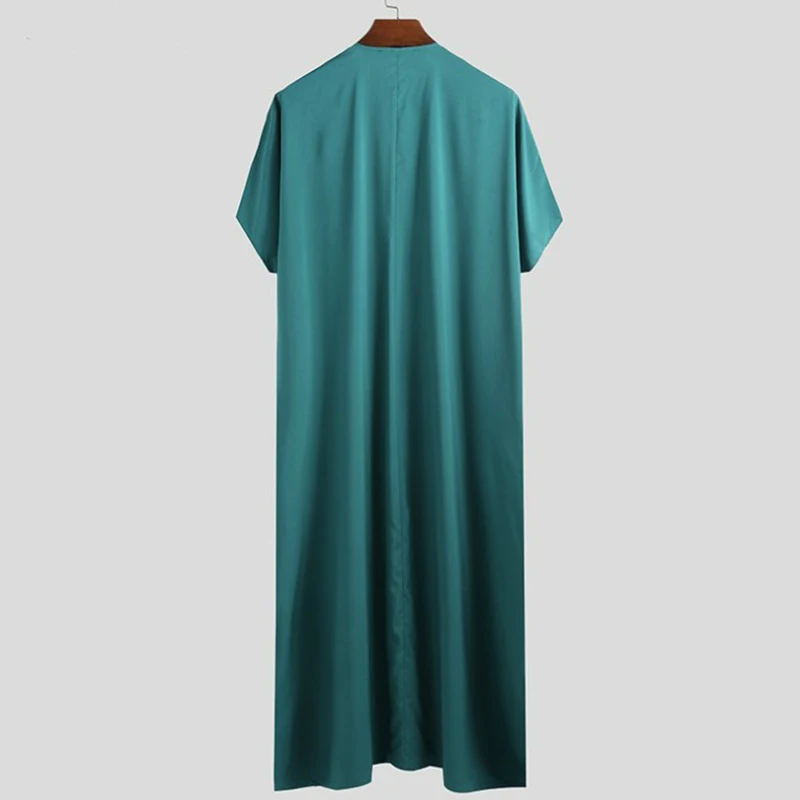 Men Muslim Kaftan Half Sleeve Robe Jubba Thobe Saudi Arab Robe Vintage Abaya Costume Casual Button Islamic Clothing Dress Eid