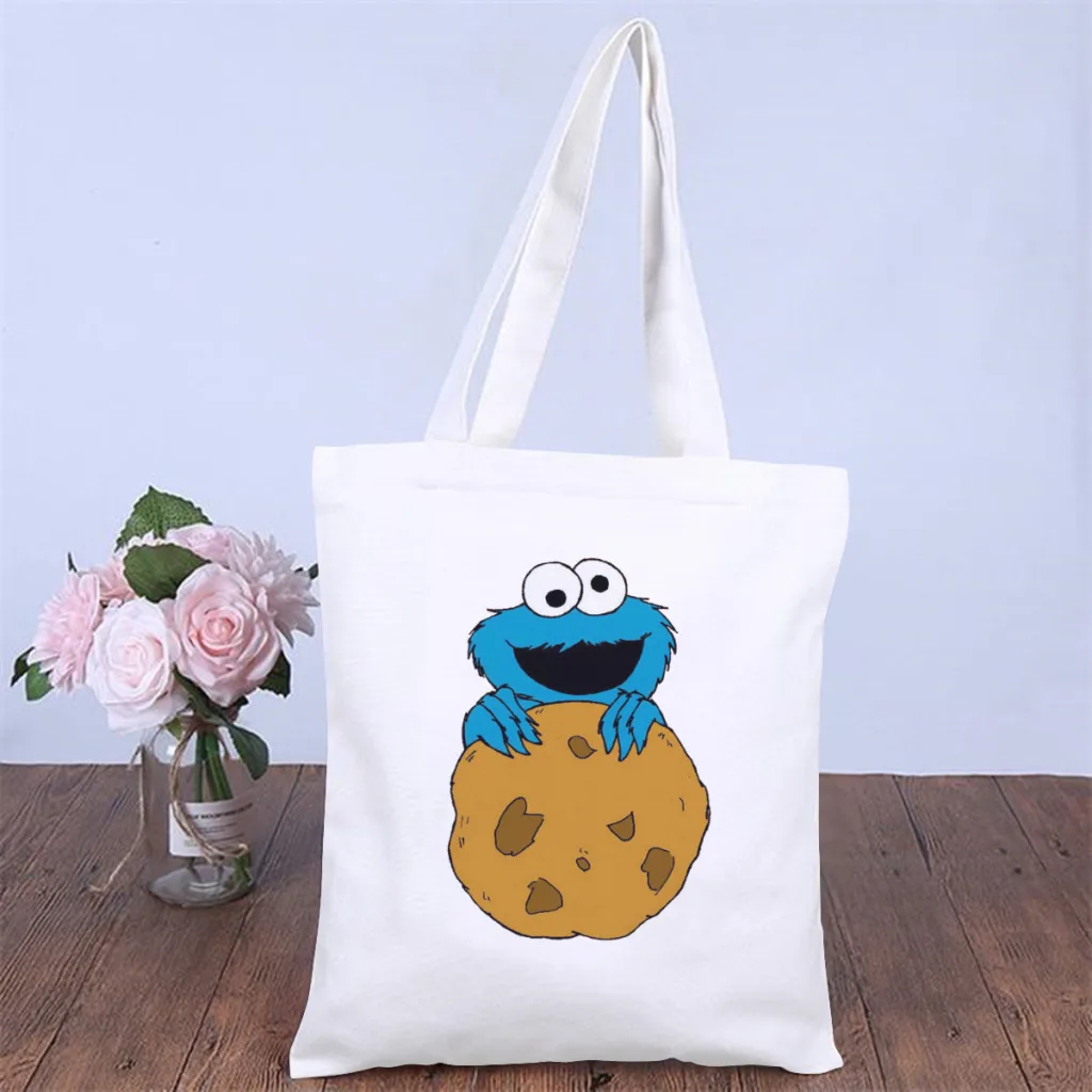

Cookie Monster ArtHandbag Sesame Street 80s TV Series Shoulder Canvas Bags Pocket Double Print Shopper HandBags Kawaii Tote Bag