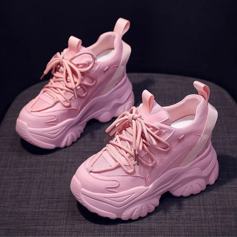 

Women's Pink Chunky Sneakers Breathable Platform Shoes Woman Lace Up Sports Wedges Thick Sole Casual Shoes 2023 Zapatillas Mujer