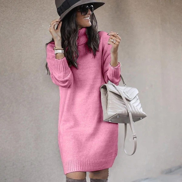 

Women's mid-length slim top with high neck knit sweater