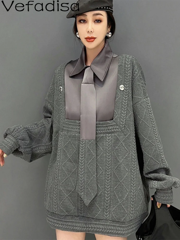 

Vefadisa 2023 Autumn Winter Women's Two Fake Pieces Knitting Pullover Sweater Loose Solid Color Printing Thick Sweater LHX3087