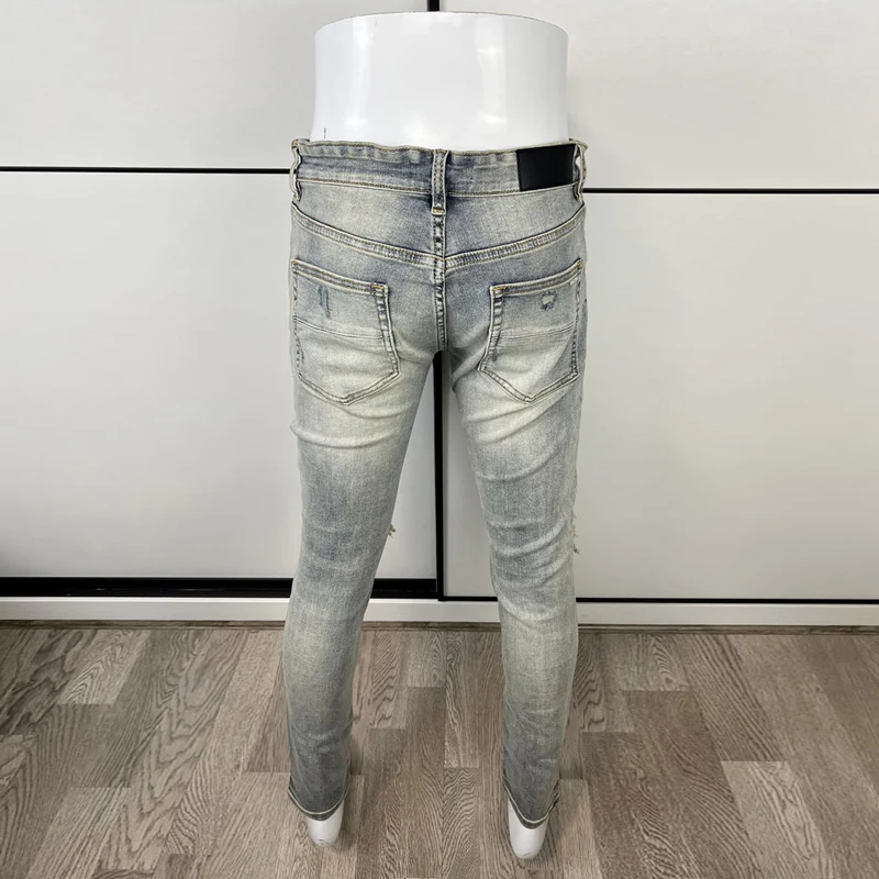 High Street Fashion Men Jeans Retro Gray Blue Elastic Stretch Skinny Ripped Jeans Men Patched Designer Hip Hop Brand Pants Homme