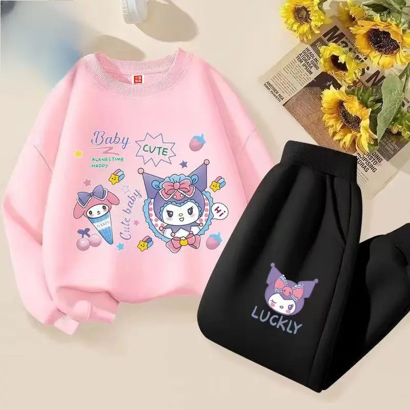 

Милая осенняя одежда Sanrio Kuromi Cinnamorol Melody для девочек, комплект одежды с круглым вырезом, толстовка среднего размера для детей, детская спортивная одежда