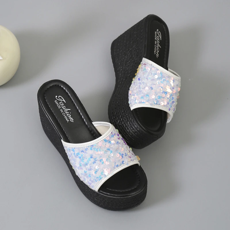 

Women Bowknot Platform Wedges Slippers Rhinestone Sexy Sequins High Heels Sandals Woman Slides Peep Toe Summer Beach Shoes
