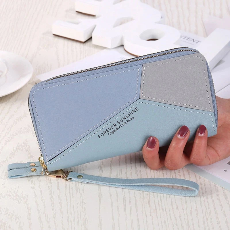 

Double Zipper Women Wallet PU Leather Red/blue/pink/black Card Holder Long Female Wallet Color Matching Cellphone Bag Lady 2022