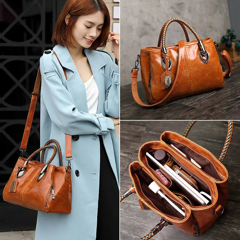 

Solid Genuine Leather Shoulder Bags for Women Large Capacity Crossbody Bag Messenger Bag Female Travel Handbags for Women E383