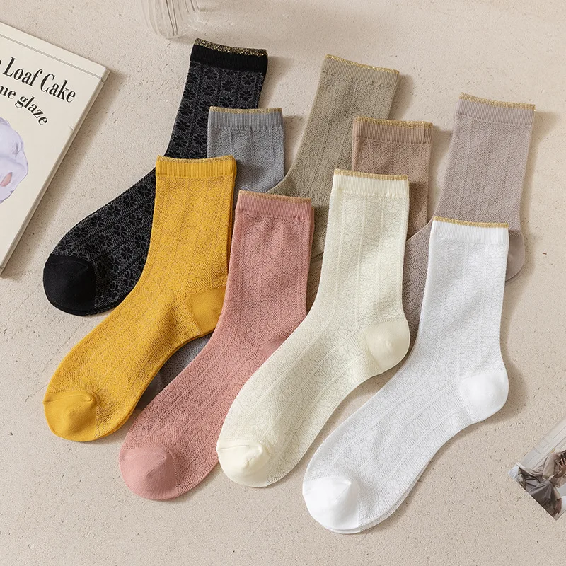 

New hollow socks women's mid-tube socks Japanese solid color mesh breathable thin cotton socks