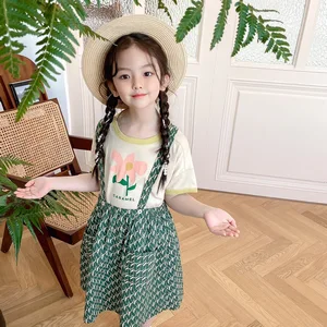 summer baby girls clothes round neck floral print short sleeve t-shirt vintage green plaid suspender skirt