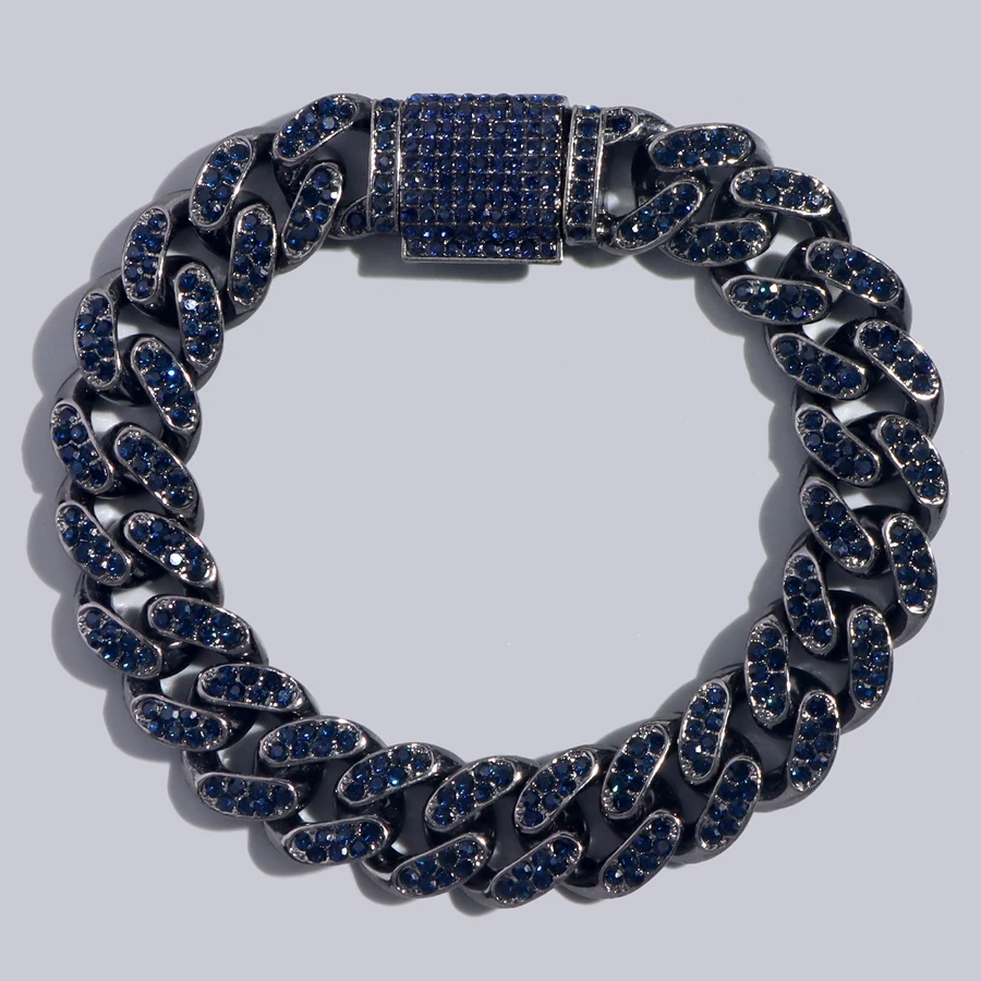 

Hip Hop New Blue Crystal Cuban Link Chain Bracelet for Women Men 13MM Iced Out Paved Rhinestone Cuban Bracelets Fashion Jewelry