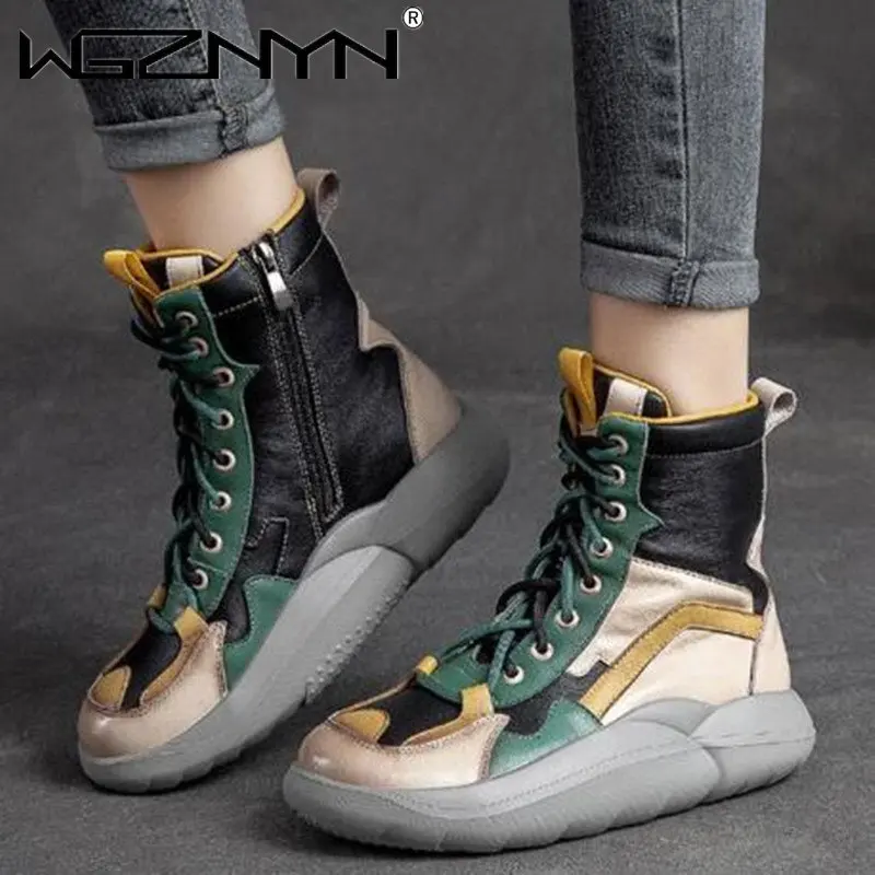 

Autumn Winter Retro Shoes Women Boots Genuine PU Leather Zip Mixed Colors Round Toe 2023 New Handmade Sewing Platform Boots
