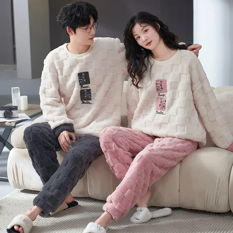 Новинка 2024 зимний пижамный комплект для пары женский теплый флис кораллового
