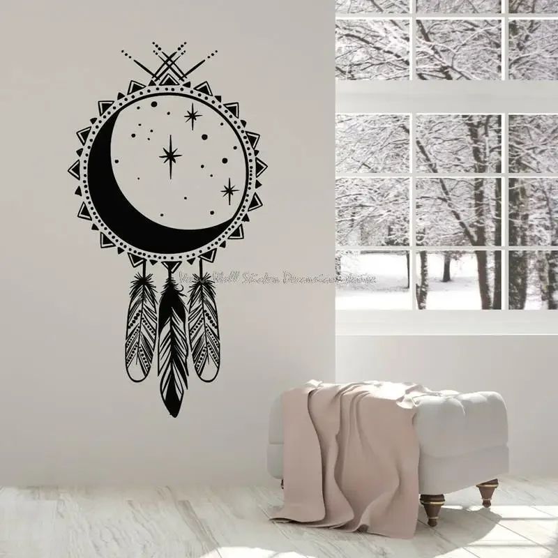 Виниловая наклейка Луна Звезды Логотип Птичье перо Племенный тотем Амулет Ловец
