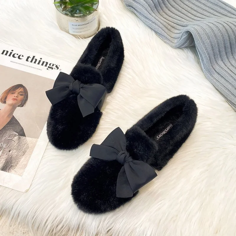 Plush Shoes, Beanie Shoes, Women's Winter Plus Velvet Shoes, Rabbit Hair Shoes, Cotton Shoes, Flat Shoes,  2022 New Winter