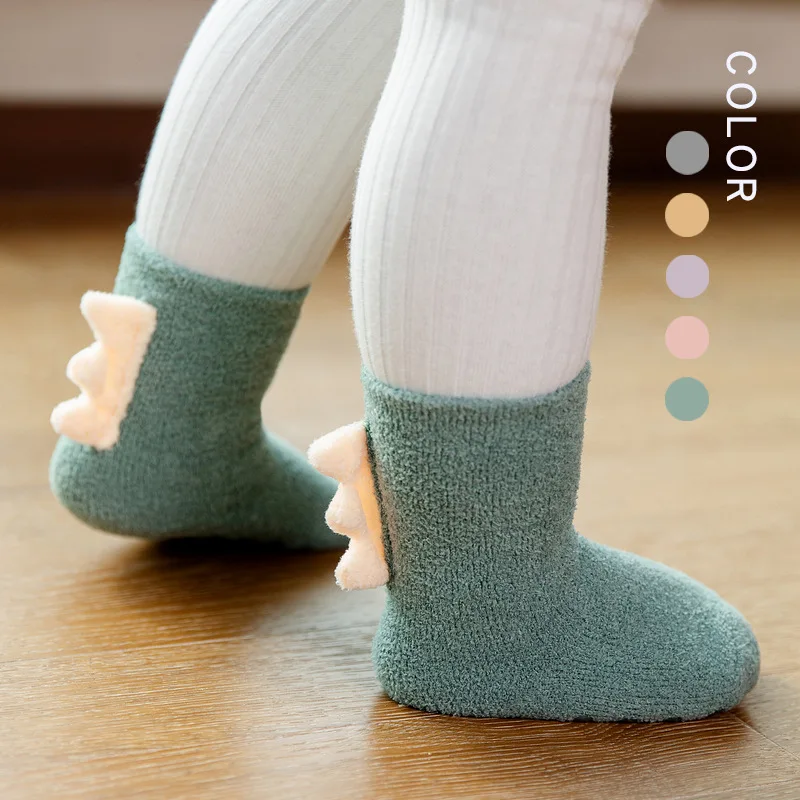 

Baby Socks Dinosaur Shape Winter Thicken Terry Soft Coral Fleece Infant Warm Stuff Todder Floor Non-slip Sock Boys Girls Kids