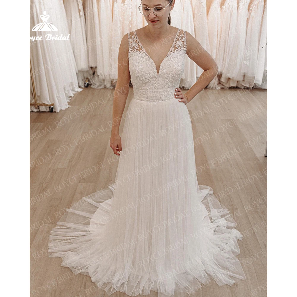 

Classic V neck Lace Appliques Waist Wedding Dresses Gauze Skirt Tulle Bridal Gown Floor Length robe De soirée de mariage