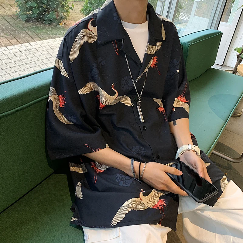 

Summer Print Shirt Men Fashion Crane Short Sleeve Shirt Men Streetwear Korean Loose Oversized Casual Shirts Mens Hawaiian Shirt