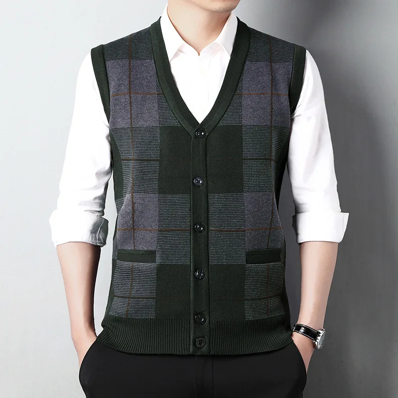 2022 Autumn and Winter New V-neck Imitation Wool Sweater Vest Men's Cardigan Vest Sweater Warm Sweater images - 6