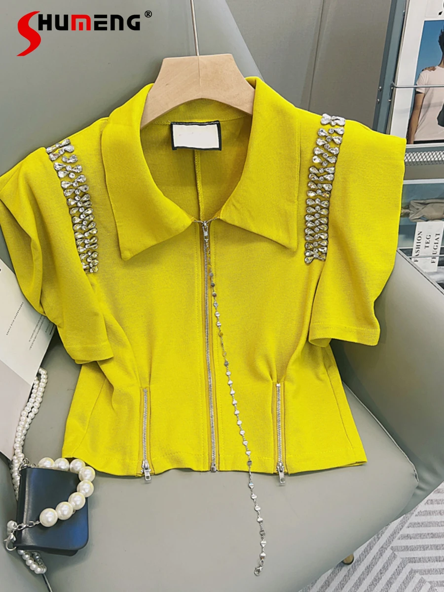 

Exquisite Rhinestone Chain Zipper Fitted High Waist Turn-down Collar Puff Sleeve T-shirt Women Chic Top 2022 Summer New Clothes