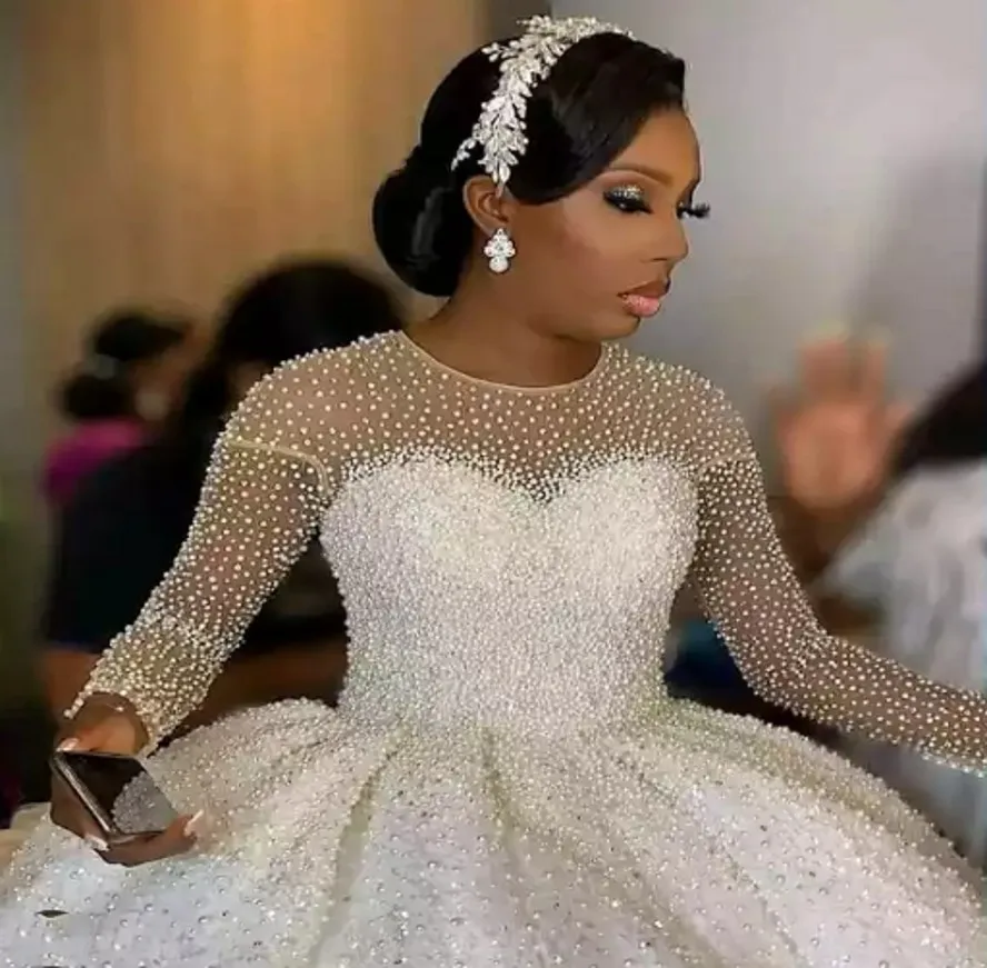 

High Quality Wedding Dress 2023 Illusion Neck Pearls Beading Long Sleeves Bridal Gown Vestidos Noiva Arabic Robe De Mariage