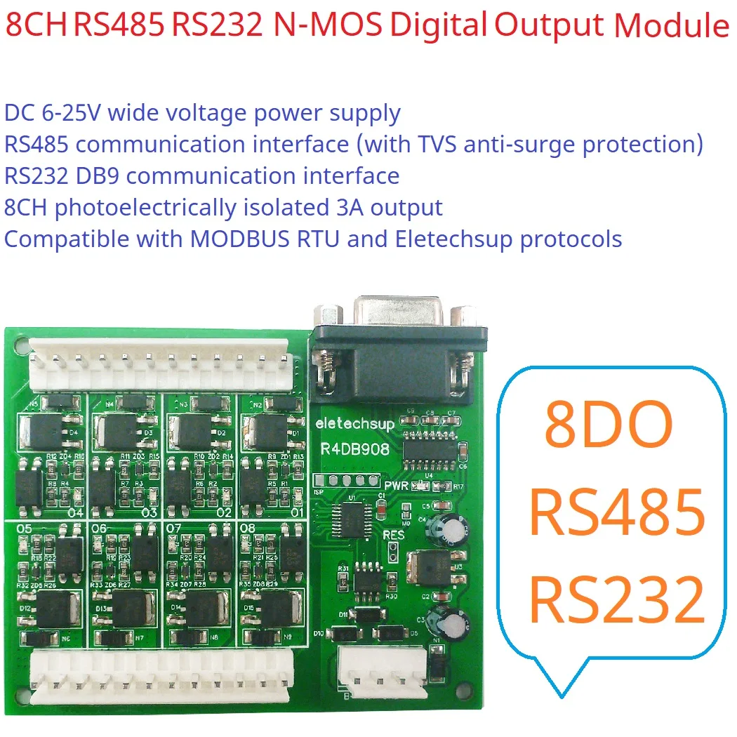 Модуль 2 в 1 RS232 RS485 DB9 8DO Modbus Rtu 3A NPN Mos Optocoupler Изолирующий выход Твердотельное реле
