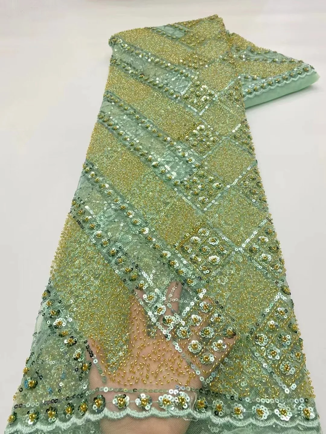 

Latest Green Luxury Beads 5 Yards Tulle Fabric African High Quality Handmade Sequins Lace French For Bride Party Dress Sewing