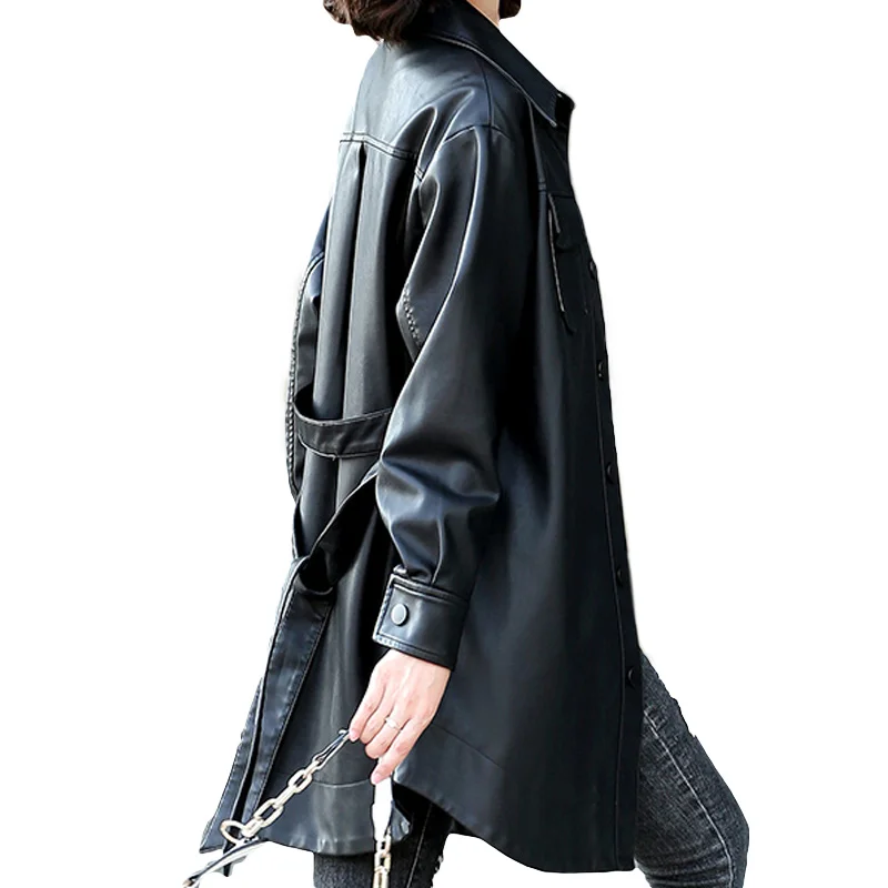 Women's Mid-Length Walker Leather Coat Snap Closure Faux Leather Jacket Casual Lapel Long Suit Trench Coat Outerwear with Belt