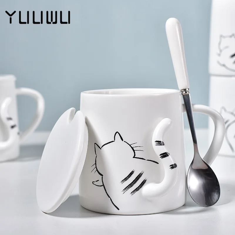 

Кофейная кружка в виде милого кота 360 мл с крышкой, керамическая термостойкая кружка для молока, сока, воды, чашка для завтрака, уникальные подарки для девочек, кружка в виде кота для кафе