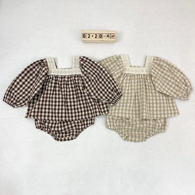 

Korean Style Toddler Baby Girl Clothes Suit Long Sleeved Cotton Plaid Lace Stitching Shirt+PP Shorts Autumn Spring Clothing Set