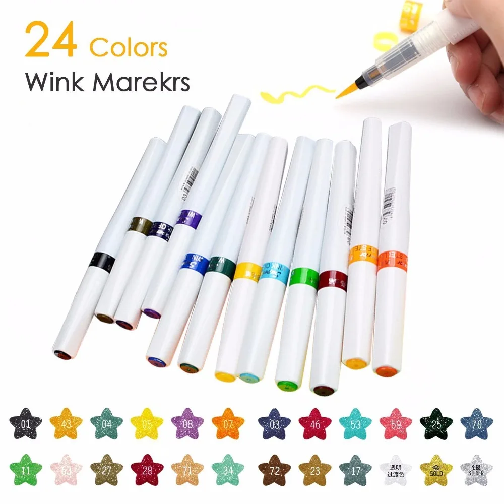 

Superior 24 Colors Glitter Brush Marker Pens Memory System Wink of Stella Painting Lettering Pen Sets