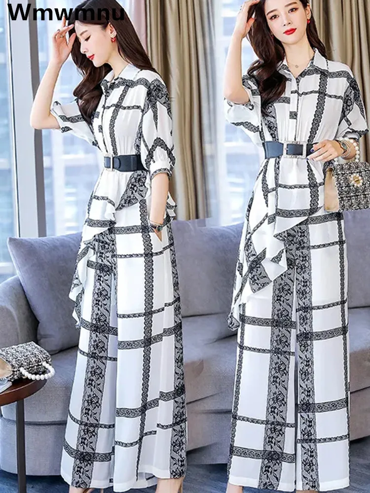 

Шифоновая нестандартная рубашка в клетку, комплект из 2 предметов, блузка с рукавом «летучая мышь» и брюки до щиколотки с высокой талией и принтом, Новинка