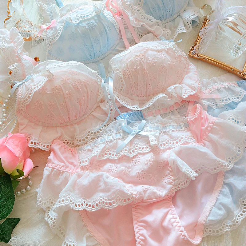 

Cute sweet lolita flowers blooming bra and panty Japanese girl underwear embroidery cotton micro-gather no steel ring bra set
