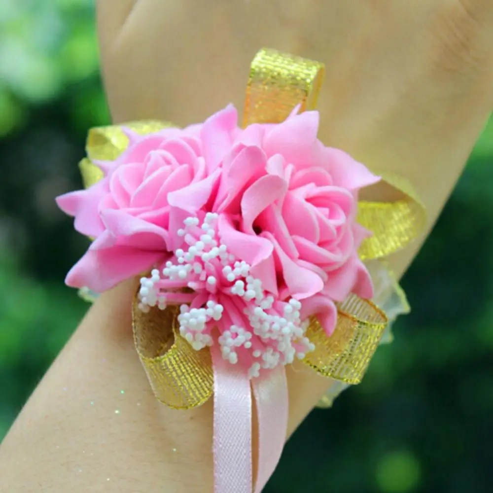 

Girls Bridesmaid Wrist Flowers Wedding Prom Party Boutonniere Rose Bracelet Fabric Hand Flowers Wedding Supply Accessories