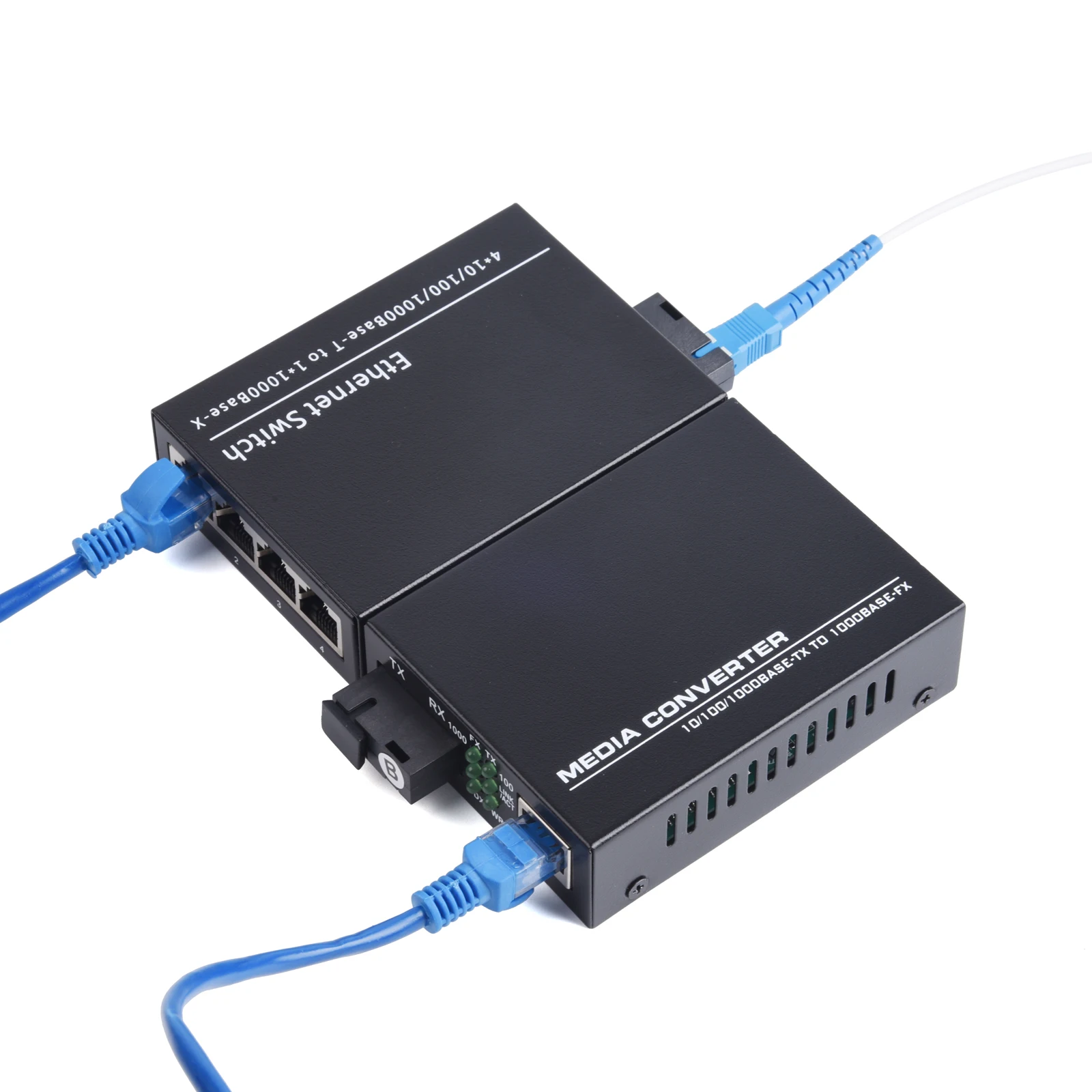 1 Pair Gigabit Fiber Optical Media Converter 10/100/1000Mbps Single Mode 1 Fiber to 4 RJ45 UPC/APC SC-Port EU Power