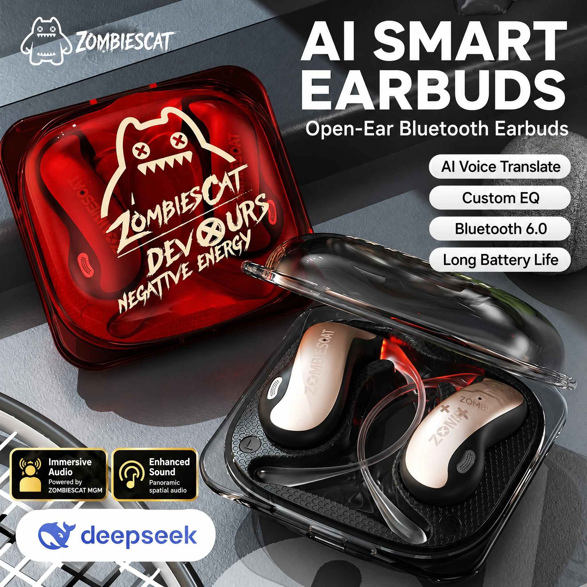 Фото Беспроводные наушники ZOMBIECAT B22 Open Ear с Bluetooth 6.0, 14-мм драйвером, LED-подсветкой и AI-переводом для бега и велоспорта №2