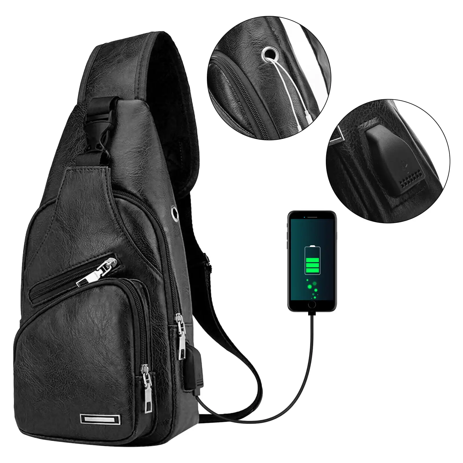 Men'S Leather Sling Bag,  Chest Shoulder Backpack, Water Waterproof Crossbody Bag with Usb Charging Port for Travel, Hiking, Cyc