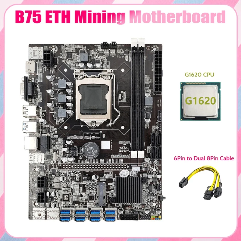 B75 ETH Mining Motherboard 8XPCIE USB Adapter+G1620 CPU+6Pin To Dual 8Pin Cable LGA1155 MSATA B75 USB Miner Motherboard