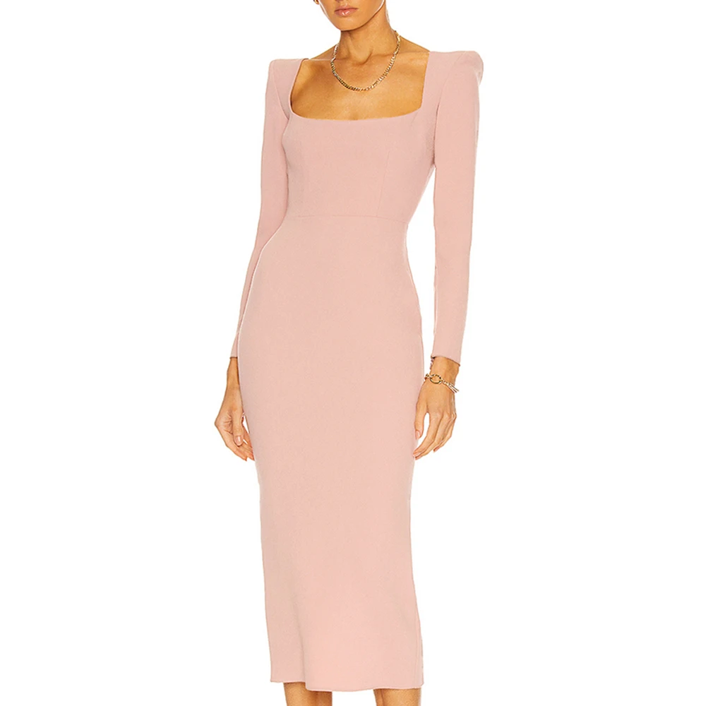 

Pink Color Full Sleeves Women Bandages Dress Square Neck Formal Winter Clothes Party Celebrity Bodycon Dress