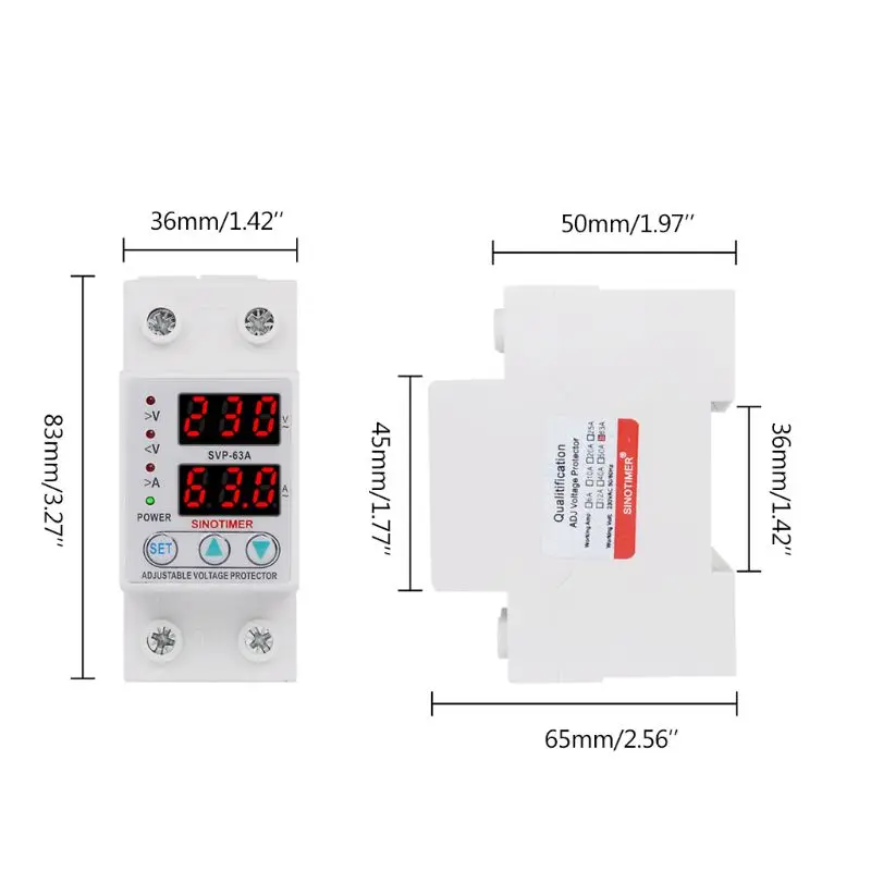 

Din Rail Adjustable 63A 230V 1 Phase Over Under Voltage Protector Self-resetting