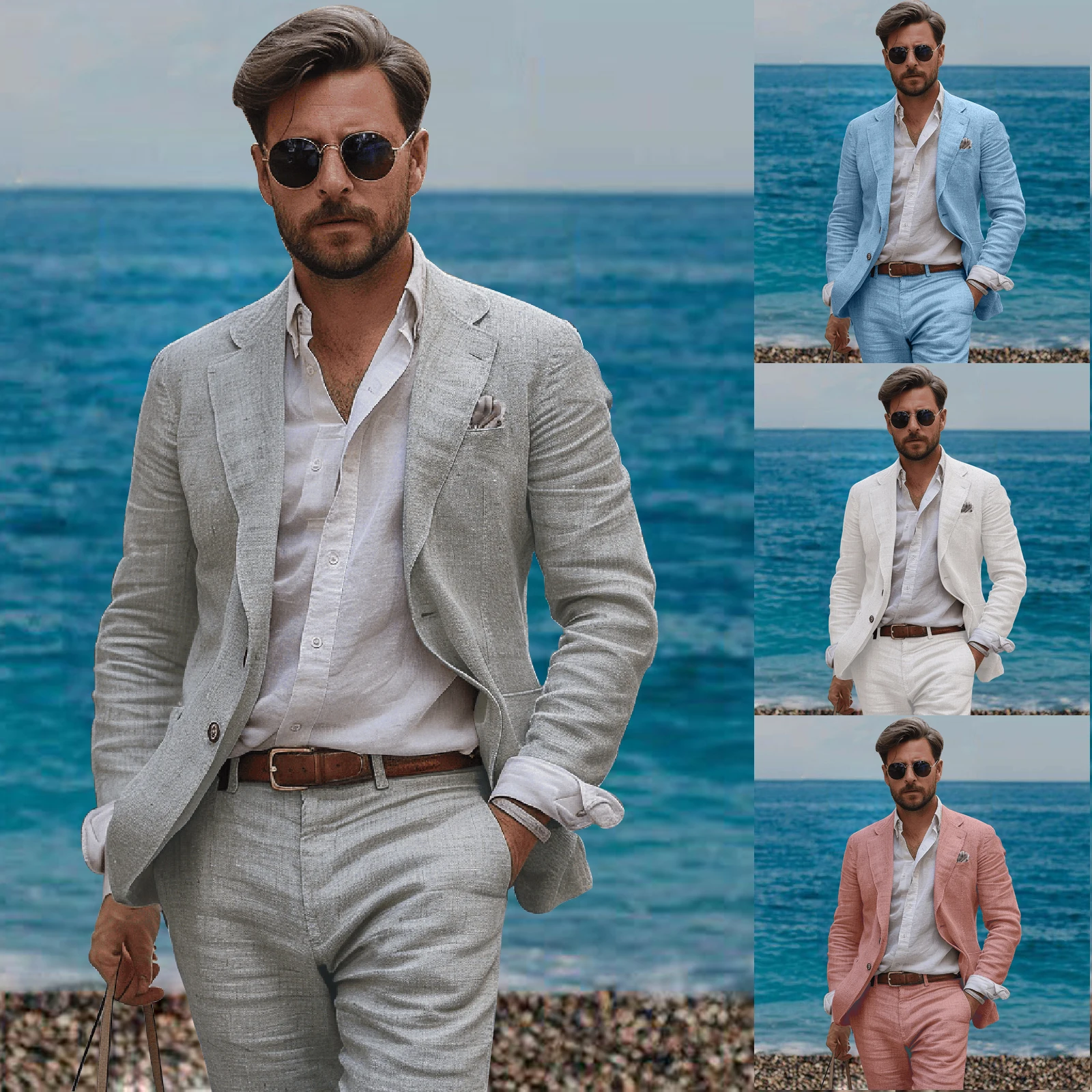 Фото Льняные повседневные костюмы для мужчин Slim Fit Летний пляжный однотонный костюм Смокинг Trajes Para Hombre Ensembles De Blazers Мужские костюмы на заказ №1