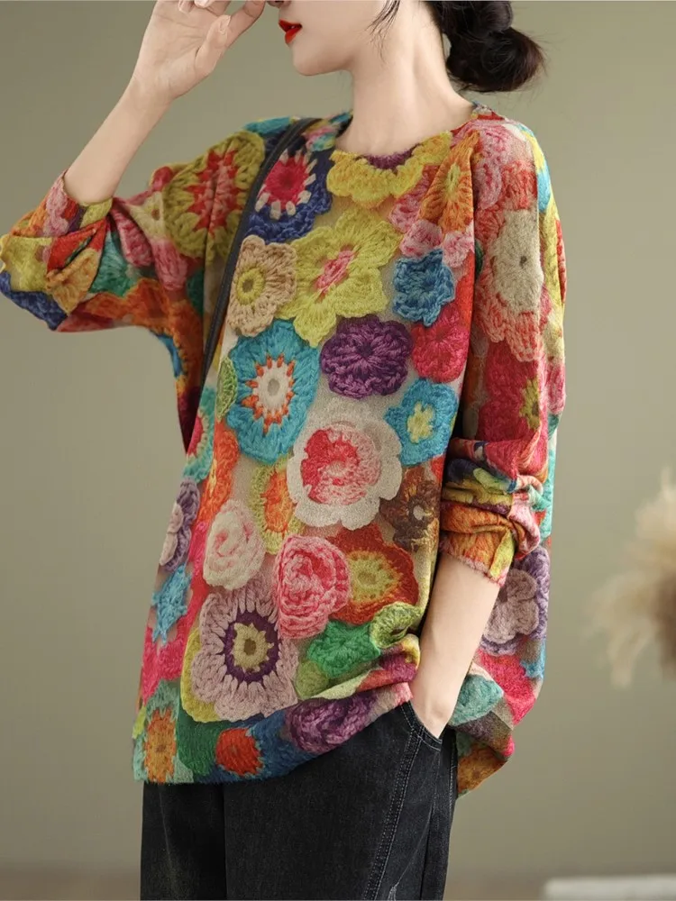 Осенний пуловер большого размера с цветочным принтом женский свитер длинным