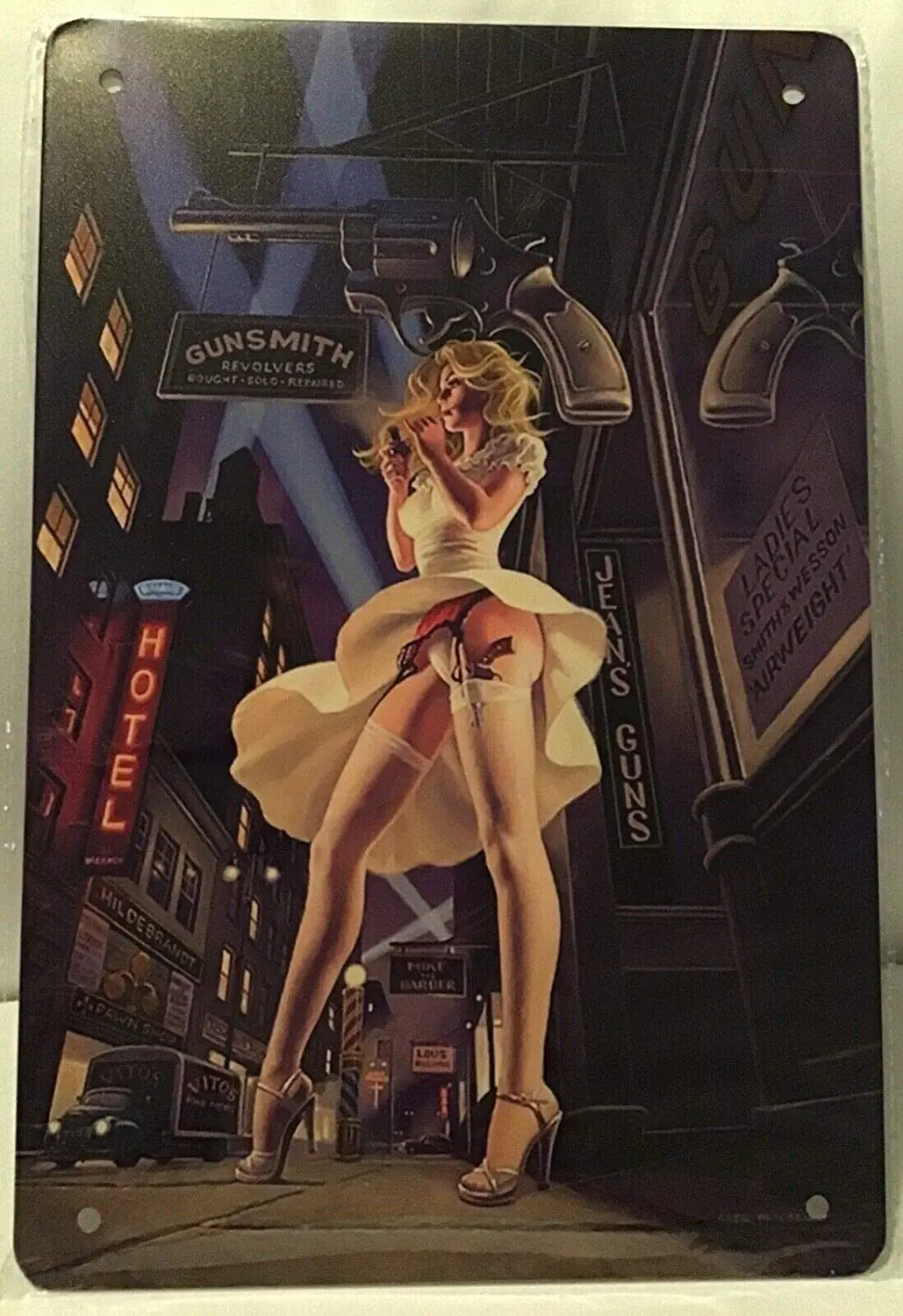

Metal Tin Sign Vintage Chic Art Decoration Sexy Girl Gun Pistol for Home Bar Cafe Farm Store Garage or Club 12" X 8"