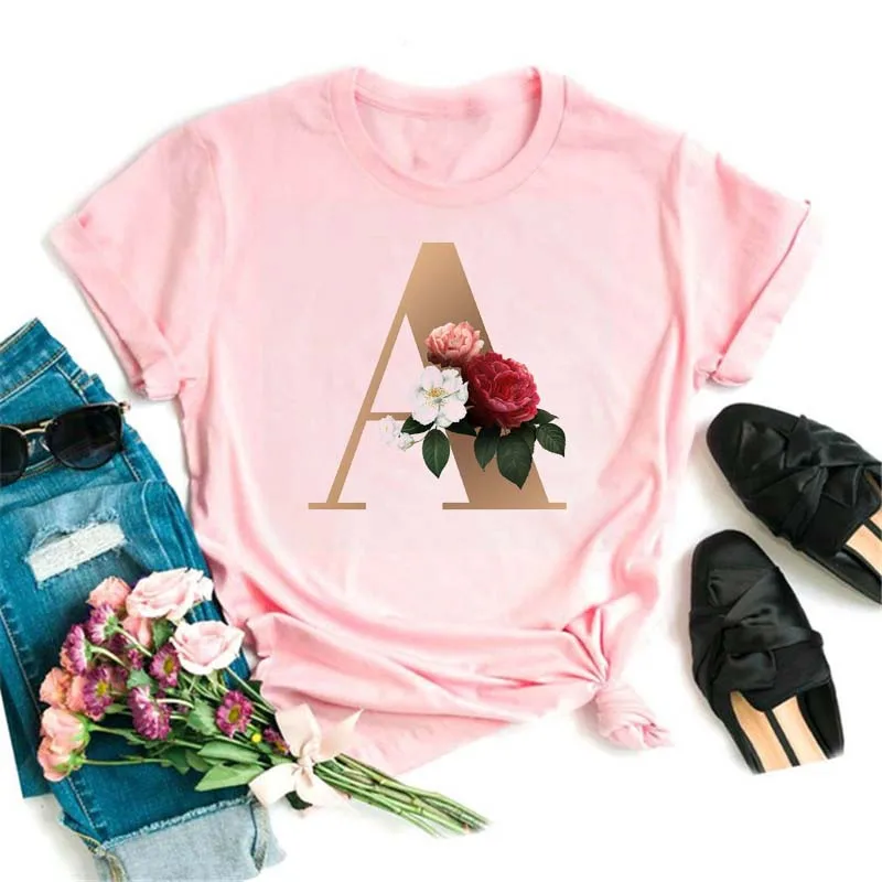 

High Quality Fashion Custom Name Letter Combination T-shirt Women's Flower Letter Font A B C D Short Sleeve Clothes,Drop Ship