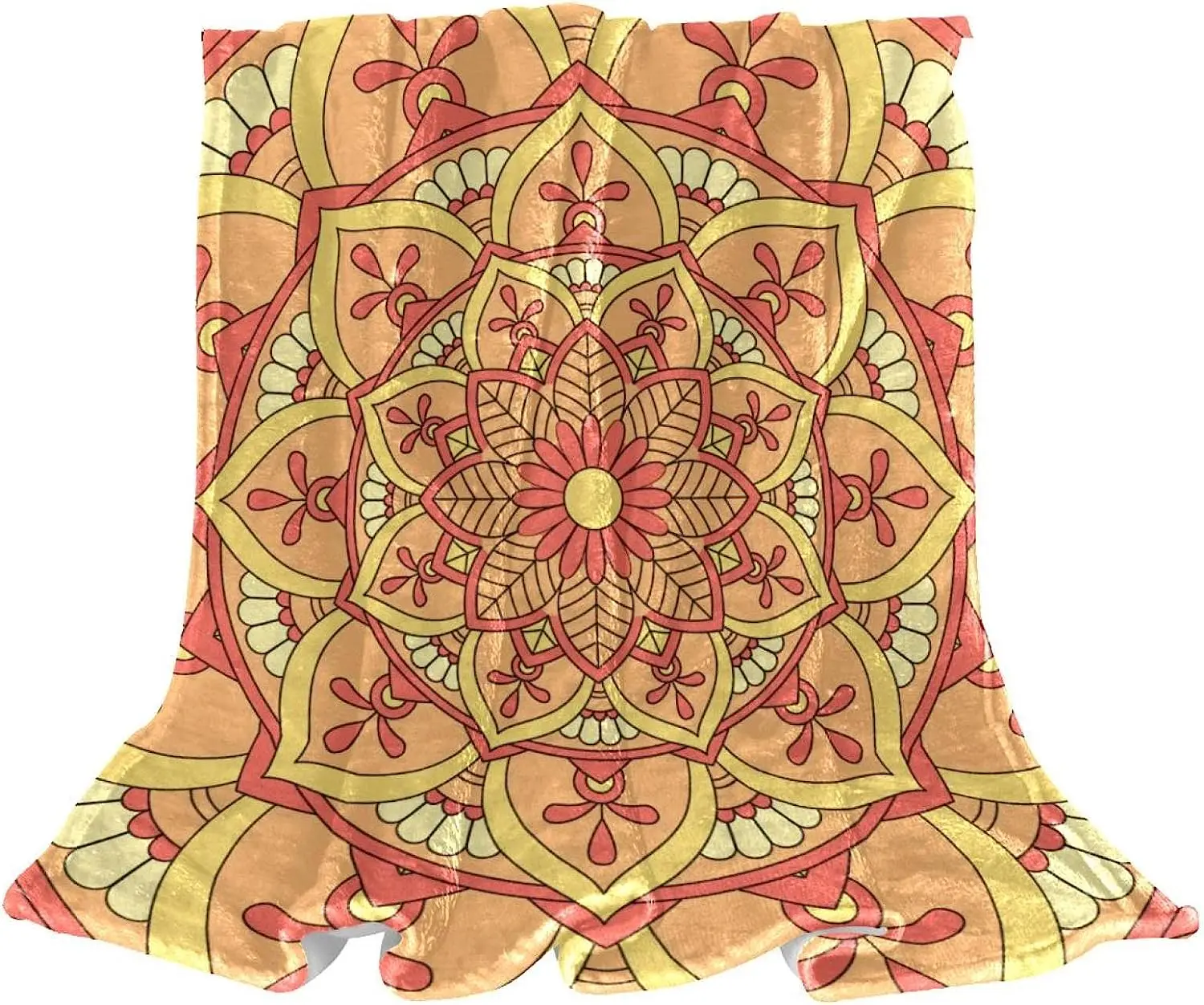 

Bedding Fleece Blanket, Decorative for Bedroom Sofa Floor, Bohemian Mandala Orange Flower Vintage Art