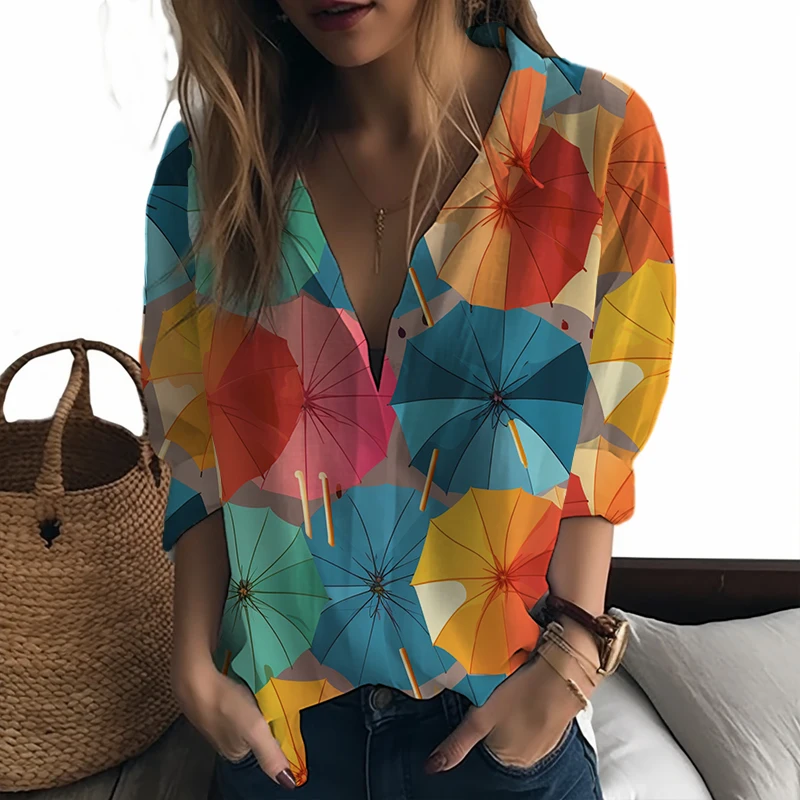 

Summer new lady shirt umbrella stitching 3D printed lady shirt casual style ladies shirt fashion trend women's shirt